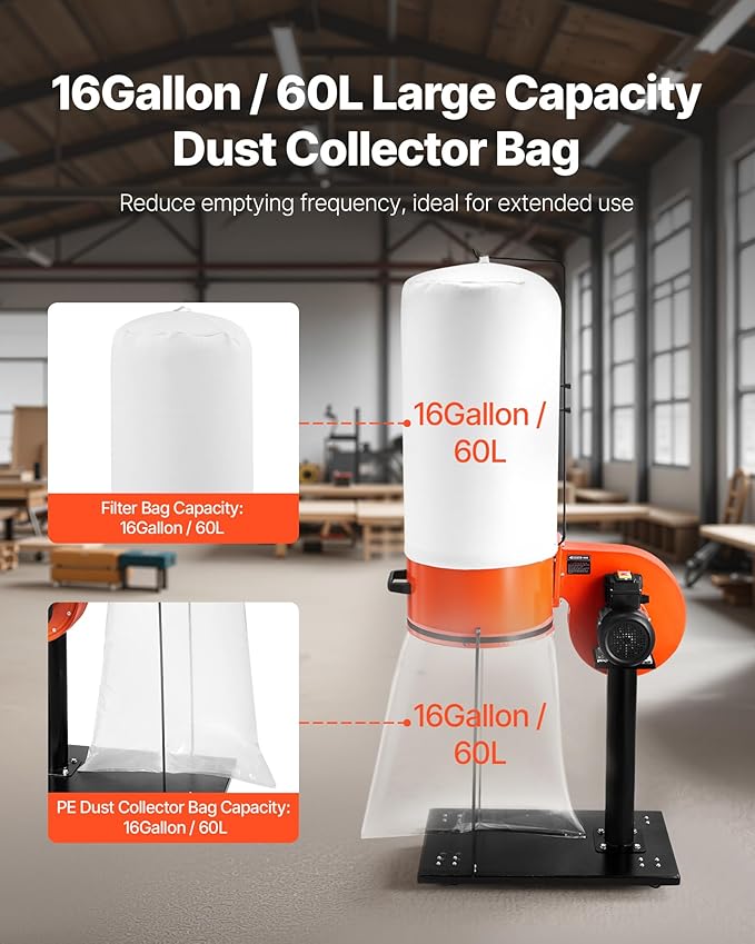VEVOR Dust Collector, 800 CFM 2.5 Micron Vortex Cone Dust Collectors, 1HP Sawdust Collection System with 16-Gallon Large Capacity Dusts Collector Bag, Filter Bag, and Casters, 3400 RPM High Speed