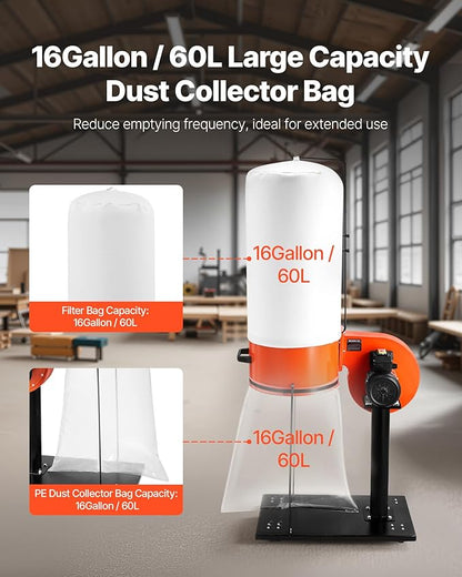 VEVOR Dust Collector, 800 CFM 2.5 Micron Vortex Cone Dust Collectors, 1HP Sawdust Collection System with 16-Gallon Large Capacity Dusts Collector Bag, Filter Bag, and Casters, 3400 RPM High Speed
