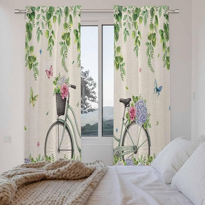 Farmhouse Spring Kitchen Curtains, Retro Bicycles Flowers Vines Butterfly Light Filtering Window Curtain Panels, 2Pcs Rod Pocket Window Treatments Set for Living Room Bathroom Bedroom 52x72 Inches