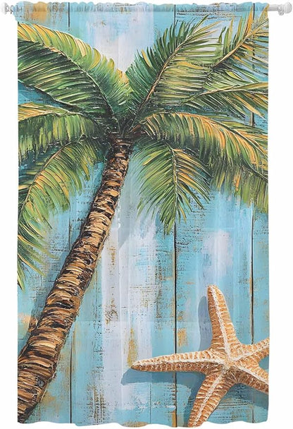 Sheer Curtains 96 Inches Long, Coastal Beach Tree Semi Sheer Curtains Light Filtering Window Treatment, Summer Tropical Starfish Wood Grain Privacy Voile Drapes for Living Room Bedroom 52x96 Inch