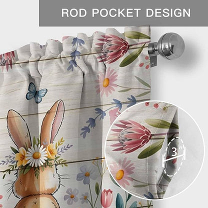 Easter Curtain Valances for Windows, Kitchen Valance Window Treatment, Spring Bunny Butterfly Botanical Wooden Grain Light Filtering Block Curtains for Bathroom/Bedroom/Living Room 54'' x 18''