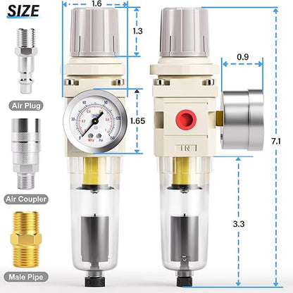 TAILONZ PNEUMATIC 1/4 Inch NPT Automatic Drain Air Filter Pressure Regulator Combo Piggyback, Air Tool Compressor Filter with Gauge AW2000-02D