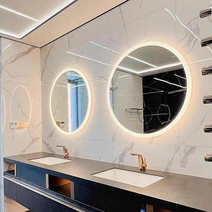 Round Bathroom Mirror with LED Lights and Demister，Round LED Bathroom Mirror with Light,Large Circle Mirror Backlit + Front Light，3 Colors Dimmable/Demister Pad(B,H60*W60cm/H23.6*W23.6IN)