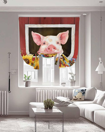 Tie Up Curtains for Windows, Pigs Sunflowers Adjustable Balloon Nature Linen Textured Kitchen Curtain, Farmhouse Red Barn Flowers Animals Tie Up Blackout Curtains for Bedroom, 52 x 63 Inches