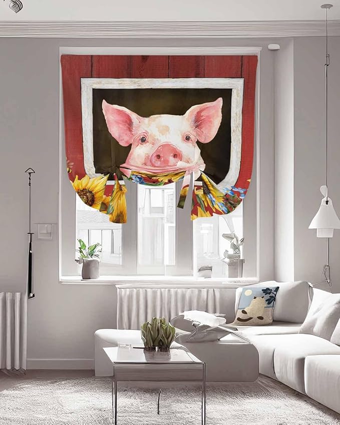 Tie Up Curtains for Windows, Pigs Sunflowers Adjustable Balloon Nature Linen Textured Kitchen Curtain, Farmhouse Red Barn Flowers Animals Thermal Insulated Curtains for Window, 42" x 54"