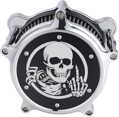 Motorcycle Air Filter Skull Style Air Cleaner with Filter Sock Dustproof Protective Cover Kit for Harley Touring 2000-07 Softail 2000-15 Dyna 2000-17, Excludes 2017 FXDLS (Chrome)