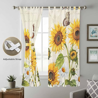 Farm Sunflowers Living Room Curtains 84 Inch Length, Window Curtains Tab Top, Retro Flowers Butterfly Botanical Beige Light Filtering Window Treatments Drapes 52"x84" 2 Panel