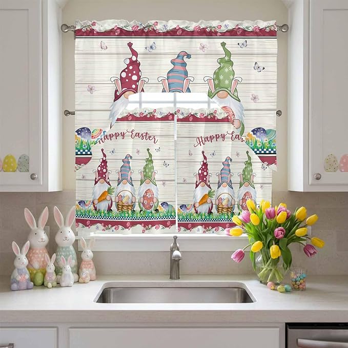 Swag Valance Curtains, Happy Easter Gnomes with Eggs on Grass Rod Pocket Valances Swag Topper for Kitchen Windows, Spring Floral on Wood Barn Light Filtering Short Curtain for Bedroom Bathroom 56x36In