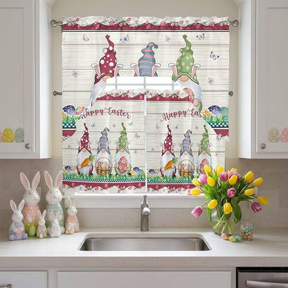 Swag Valance Curtains, Happy Easter Gnomes with Eggs on Grass Rod Pocket Valances Swag Topper for Kitchen Windows, Spring Floral on Wood Barn Light Filtering Short Curtain for Bedroom Bathroom 56x36In