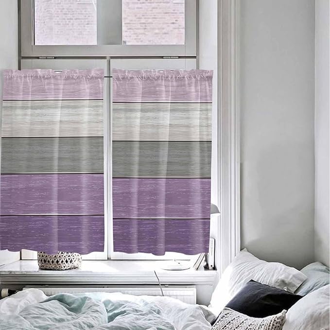Country Wood Board Gray Purple Window Valance Curtains, Farmhouse Gradient Plank Light Filtering Kitchen Valance with 3-inch Rod Pocket for Living Room Bathroom Bedroom,2 Panel,27.5x45In