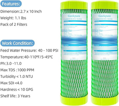 Geekpure 10 Inch Carbon Block Filter -2.5" x 10" - 5 Micron- Reduce Chlorine and Hardness-Pack of 2