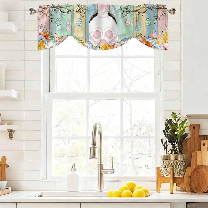 Easter Tie Up Valance Curtains for Windows, Kitchen Curtains Window Shades, Spring Colorful Bunny Eggs Flower Wood Grain Light Filtering Roman Curtain Valances for Bedroom/Bathroom/Cafe 54"x18"
