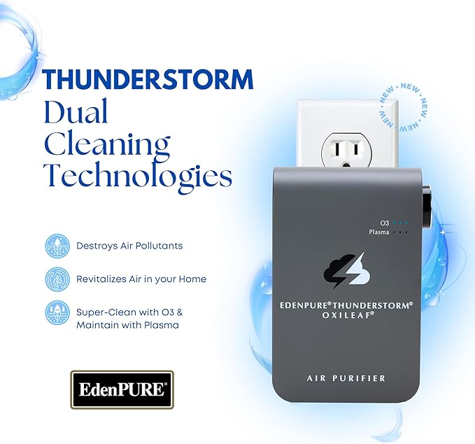 EdenPURE Thunderstorm III Air Purifier – Small Plug-In Ozone Generator & Ionizer – Eliminates Odors, Pet Smells, Smoke, Mold – Filter-Free Portable Cleaner for Home, Travel, Car, Office Use