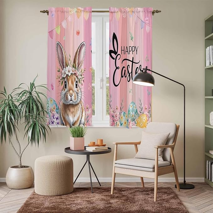 Easter Kitchen Curtains, Spring Rabbit Eggs Flowers Flags Leaves Wood Grain Light Filtering Window Curtain Panels, 2Pcs Rod Pocket Window Treatments Set for Living Room Bathroom Bedroom 42x63 Inches