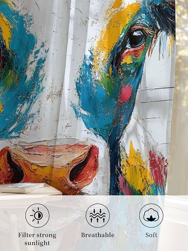 Sheer Curtains 84 Inches Long, Rustic Cow Semi Sheer Curtains Light Filtering Window Treatment, Vintage Colorful Animals Art Wooden Grain Privacy Voile Drapes for Living Room Bedroom 52x84 Inch