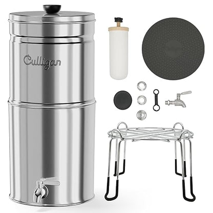 Culligan MaxClear 3 Gallon Gravity Water Filter System, Polished Stainless-Steel Countertop Water Filter NSF/ANSI Certified to Reduce Microplastics, Lead & Total PFAS, with 3 Ceramic Filters