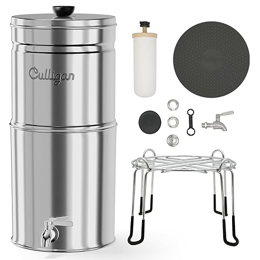 Culligan MaxClear 3 Gallon Gravity Water Filter System, Polished Stainless-Steel Countertop Water Filter NSF/ANSI Certified to Reduce Microplastics, Lead & Total PFAS, with 1 Ceramic Filter