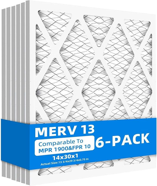 (6 Pack) 14x30x1 Furnace Air Filters, MPR 1900 & FPR 10, MERV 13 Pleated Air Filter (Actual Size: 13.75" x 29.75" x 0.75")