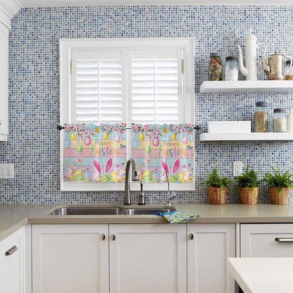 Colorful Easter Half Window Curtains 24 Inches Long, Spring Watercolor Bunny Egg Flower Wood Grain Window Treatment Curtain Drapes, Short Curtains Tiers for Kitchen Over Sink, 27.5"x24", 2 Panels