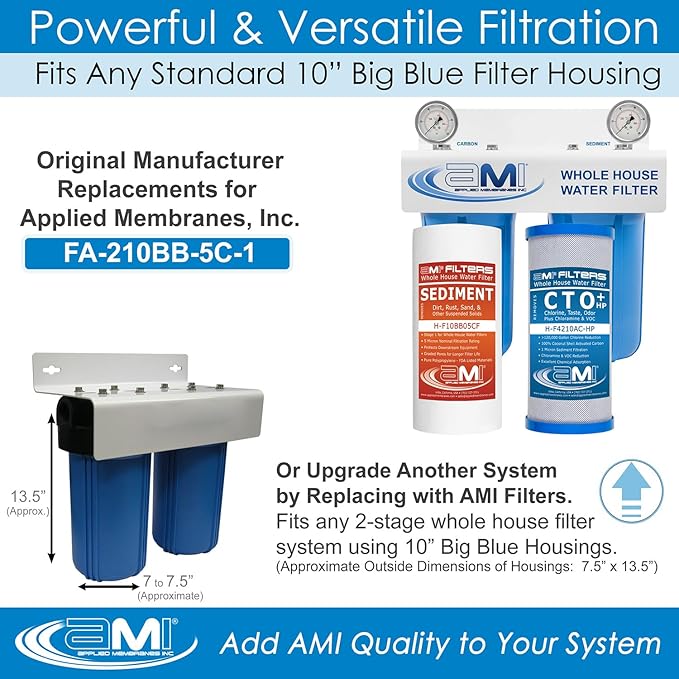 APPLIED MEMBRANES INC. Whole House Water Filter Replacement Filter Cartridge Set | 2 Stage 4.5” x 10” Sediment and Carbon Block Filters | Fits 10-inch Housings