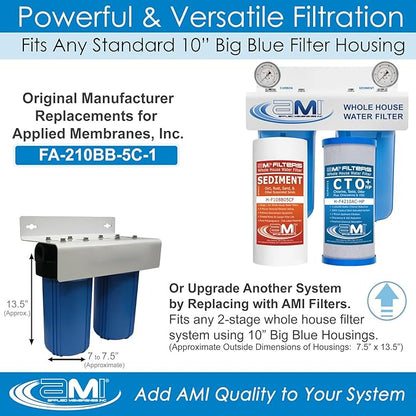 APPLIED MEMBRANES INC. Whole House Water Filter Replacement Filter Cartridge Set | 2 Stage 4.5” x 10” Sediment and Carbon Block Filters | Fits 10-inch Housings