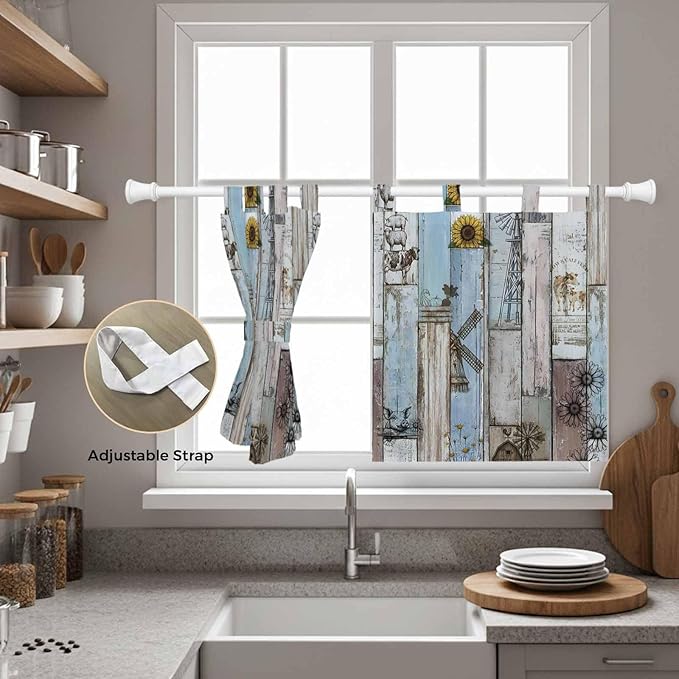 Blue Grey Wooden Kitchen Curtains 36 Inch Length, Small Window Curtains Tab Top, Farmhouse Barn Sunflowers Retro Light Filtering Short Window Treatments Tier Drapes 27.5"x36" 2 Panel