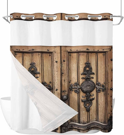 Wood Barn Door No Hook Shower Curtain with Snap in Liner Set, Waterproof Shower Curtains for Bathroom, Wooden Plank Fabric Shower Curtain, See Through Mesh Top Window, 72" W x 72" L
