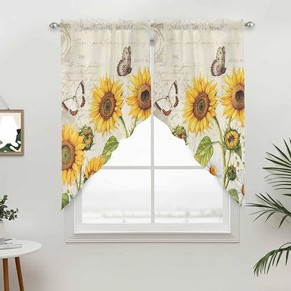 Farm Sunflowers Swag Valances for Windows, Retro Flowers Butterfly Botanical Beige Rod Pocket Kitchen Curtains Valance, Small Window Curtains Swag for Cafe Bathroom Living Room, 2 Panels, 36x36 inch