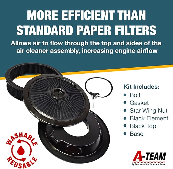 A-Team Performance High Flow Throttle Body Air Intake Filter - 14 in x 3 in, Round, Black - Carburetor Air Filter Kit - Washable & Reusable Design - Compatible with Chevrolet, GMC & Ford Models