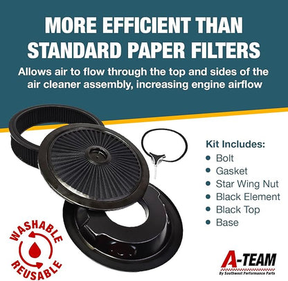 A-Team Performance High Flow Throttle Body Air Intake Filter - 14 in x 3 in, Round, Black - Carburetor Air Filter Kit - Washable & Reusable Design - Compatible with Chevrolet, GMC & Ford Models