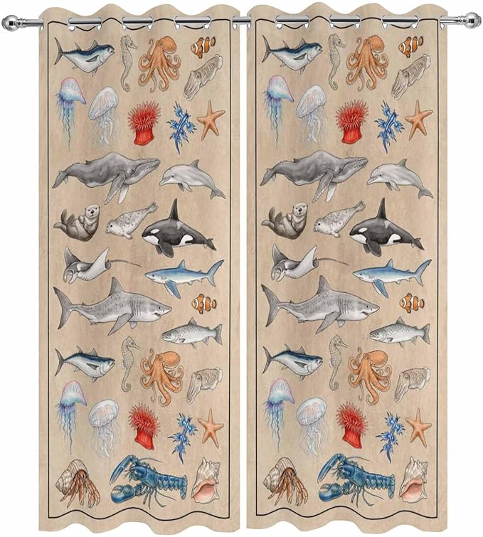 Vintage Outdoor Curtains for Patio Sharks Whales Lobsters Biographies Waterproof Outside Curtains with Grommet Top Weatherproof Curtain for Cabana Pergola Gazebo, 2 Pack, 54" W x 84" L