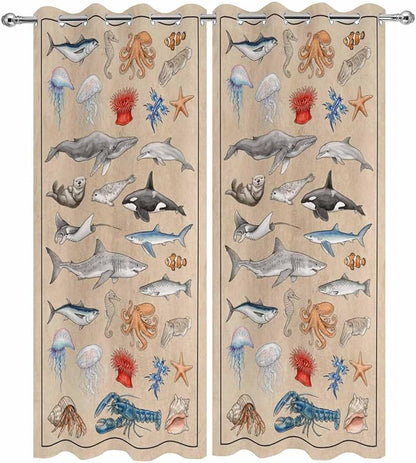 Vintage Outdoor Curtains for Patio Sharks Whales Lobsters Biographies Waterproof Outside Curtains with Grommet Top Weatherproof Curtain for Cabana Pergola Gazebo, 2 Pack, 54" W x 108" L