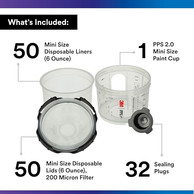 3M PPS 2.0 Spray Gun Cup, Lids and Liners Kit, 26114, Mini, 6 Ounces, 200-Micron Filter, Use for Cars, Furniture, House and More, 1 Paint Cup, 50 Disposable Lids and Liners, 32 Sealing Plugs, White