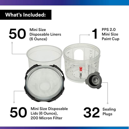 3M PPS 2.0 Spray Gun Cup, Lids and Liners Kit, 26114, Mini, 6 Ounces, 200-Micron Filter, Use for Cars, Furniture, House and More, 1 Paint Cup, 50 Disposable Lids and Liners, 32 Sealing Plugs, White
