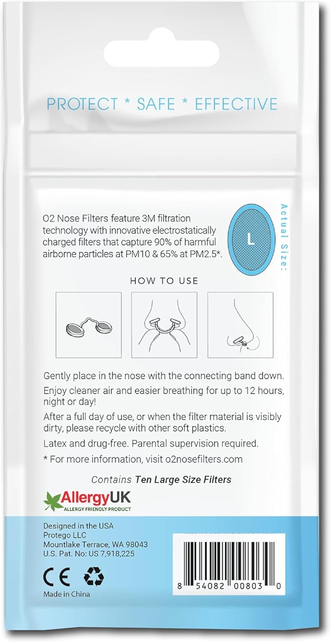 O2 Nose Filters with 3M Filtration - Nasal Screens for Allergies, Dust & Smoke - Drug-Free & Latex-Free Nose Filters - Invisible Allergy Protection (Large x 10)