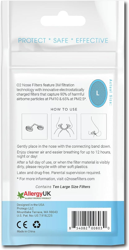 O2 Nose Filters with 3M Filtration - Nasal Screens for Allergies, Dust & Smoke - Drug-Free & Latex-Free Nose Filters - Invisible Allergy Protection (Large x 10)