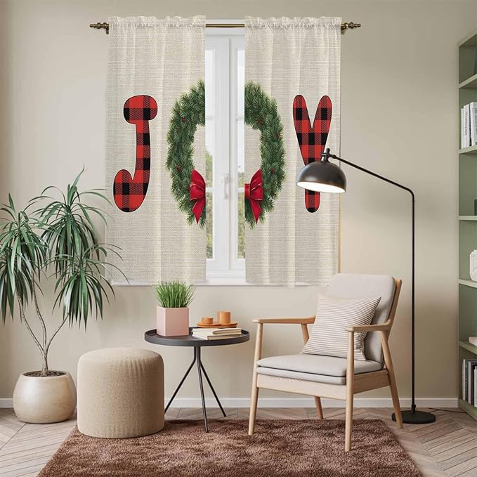 Red Green Christmas Window Curtains 63 Inch Long 2 Panel Set, Rod Pocket Bedroom Curtains & Drapes, Farmhouse Xmas Botanical Winter Light Filtering Window Treatment for Living Room 42"W x 63"L
