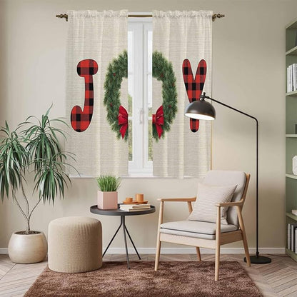 Red Green Christmas Window Curtains 63 Inch Long 2 Panel Set, Rod Pocket Bedroom Curtains & Drapes, Farmhouse Xmas Botanical Winter Light Filtering Window Treatment for Living Room 42"W x 63"L