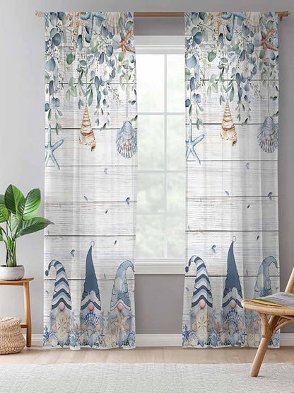 Sheer Curtains 84 Inches Long, Coastal Eucalyptus Leaf Semi Sheer Curtains Light Filtering Window Treatment, Ocean Blue Gnomes Starfish Wood Grain Privacy Voile Drapes for Living Room 52x84 Inch