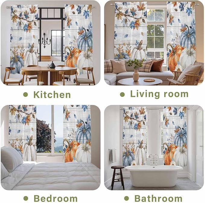 Thanksgiving Pumpkin Window Curtains 72 Inch Long 2 Panel Set,Rod Pocket Long Curtains & Drapes,Fall Maple Leaf Daisy Wooden Grain Light Filtering Window Treatment for Bedroom Living Room 52"W x 72"L