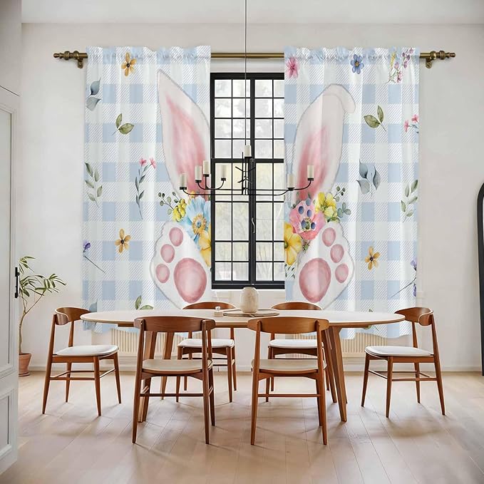 Easter Window Curtains 72 Inch Long 2 Panel Set, Rod Pocket Long Curtains & Drapes, Spring Rabbits Ears Feet Floral Blue Lattice Light Filtering Window Treatment for Bedroom Living Room 52"W x 72"L
