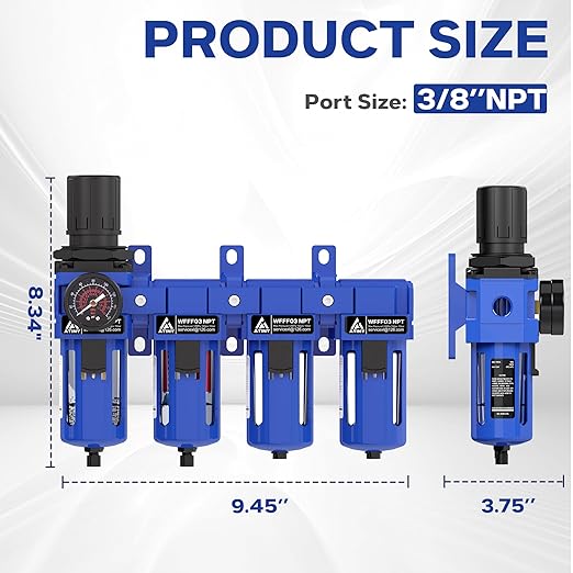 3/8 Inch NPT 4 Stage Air Drying System,Brass Filter, Coalescing Filter,Double Desiccant Dryers & Air Regulator,Metal Bowl, Semi-Auto Drain,Industrial Grade(Blue)