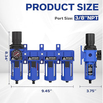 3/8 Inch NPT 4 Stage Air Drying System,Brass Filter, Coalescing Filter,Double Desiccant Dryers & Air Regulator,Metal Bowl, Semi-Auto Drain,Industrial Grade(Blue)