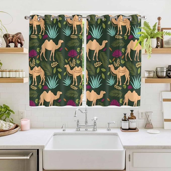 2 Panel Kitchen Cafe Curtains, Retro Desert Camel Sunlight Filtering Nature Air Through, Window Decor Tier Curtains for Living Room 104W x 63L inch Tropical Animal Aloe Vera Leaves Dark Green