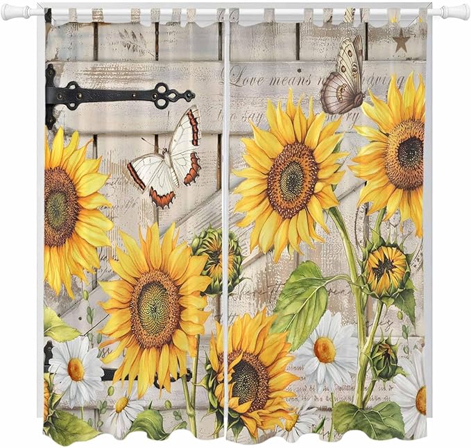 Farm Flowers Living Room Curtains 84 Inch Length, Window Curtains Tab Top, Retro Sunflowers Barn Doors Butterfly Wood Board Light Filtering Window Treatments Drapes 52"x84" 2 Panel