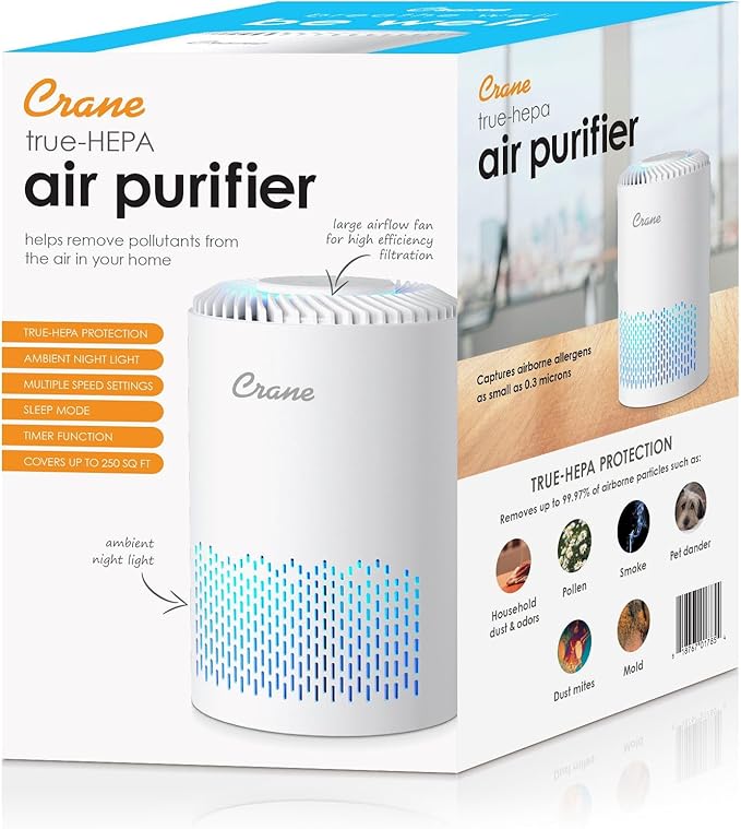 Crane True HEPA Air Purifier for Home, Bedroom, and Dorm Room, Up To 150 Sq Ft Small Air Purifier for Dust, Smoke, Dander, Bedroom Essentials, Features 4-8 Hour Timer, Night Light, Aroma Tray