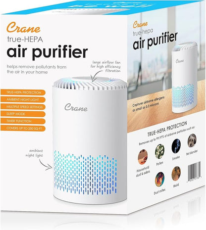 Crane True HEPA Air Purifier for Home, Bedroom, and Dorm Room, Up To 150 Sq Ft Small Air Purifier for Dust, Smoke, Dander, Bedroom Essentials, Features 4-8 Hour Timer, Night Light, Aroma Tray