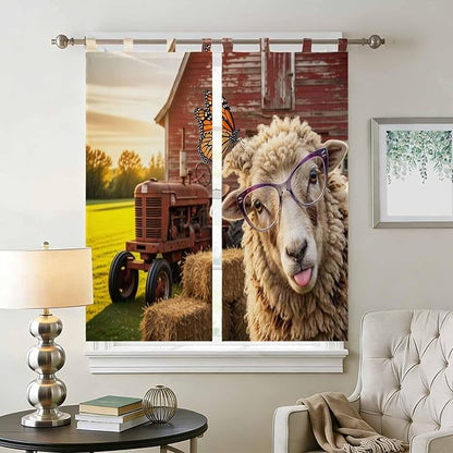 Farm Sheep Living Room Curtains 84 Inch Length, Window Curtains Tab Top, Farmhouse Barn Funny Animals Butterfly Light Filtering Window Treatments Drapes 42"x84" 2 Panel