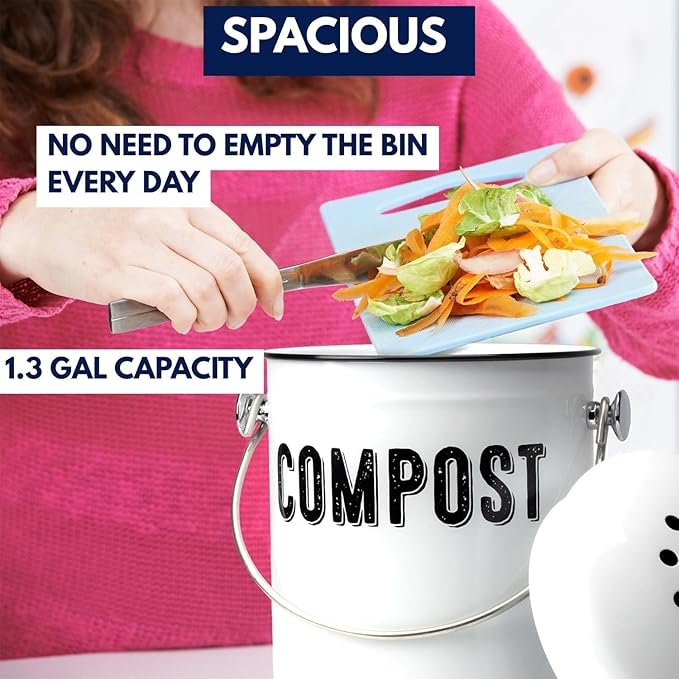 Granrosi Countertop Compost Bin Kitchen - 1.3 Gal Indoor Compost Bucket with Lid for Kitchen, Farmhouse Rust Proof & Odorless Composter Bin for Countertop, 3 Charcoal Filters