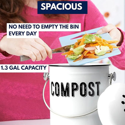 Granrosi Countertop Compost Bin Kitchen - 1.3 Gal Indoor Compost Bucket with Lid for Kitchen, Farmhouse Rust Proof & Odorless Composter Bin for Countertop, 3 Charcoal Filters